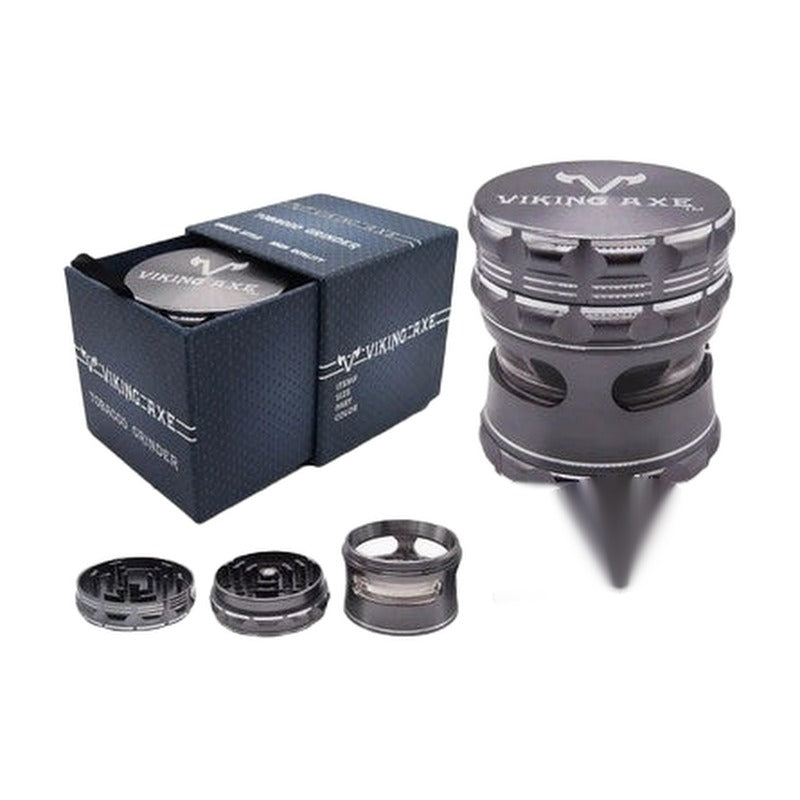 Viking Axe Metal Tobacco Grinder - 63mm - 4 Part With Windows [GV024-63] – Gunmetal