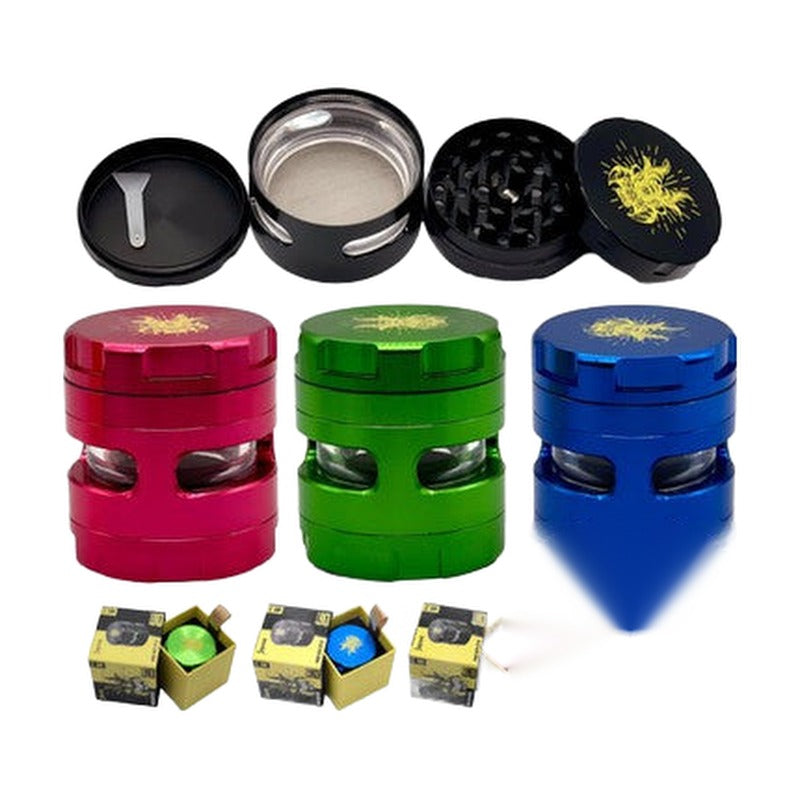 Shredder 4 Piece Large Grinder With Horizontal Window - Style 16 - 61mm - 4 Part - Assorted Colors