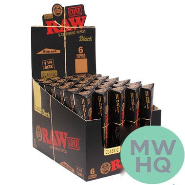 RAW Cone Classic Black Scoop Pack - Pre-Rolled 1 1/4 Size Cones - Pack of 6
