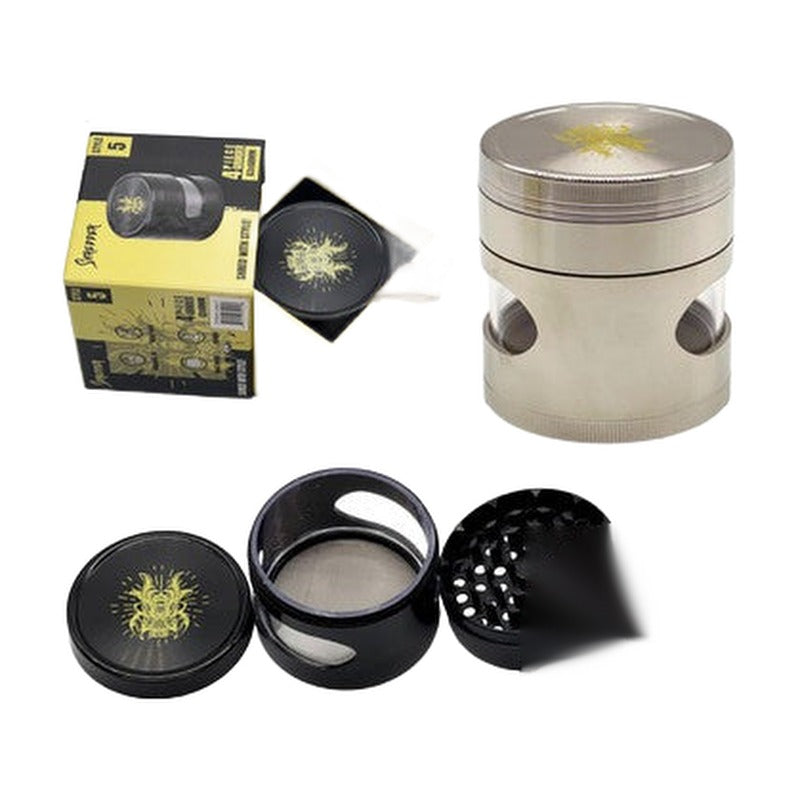 Shredder 4 Piece Large Grinder With Horizontal Window - Style 5 - 63mm - 4 Part - Assorted Colors