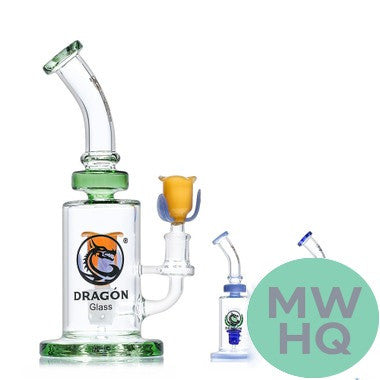 Dragon Glass Flower Theme Thick Base & Bent Neck Water Pipe - 580 Grams - 10 Inches - Assorted Colors [DGE-464]