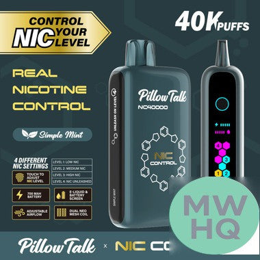 Pillow Talk Nic Control NC40000 Puffs 20ML Disposable Device With Touch To Adjust Nic Level & LED Screen (Texas Compliant)
